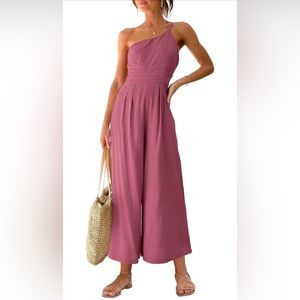 ANRABESS Women's One Shoulder Wide Leg Jumpsuit Romper w/ Pockets, Rose, Size S